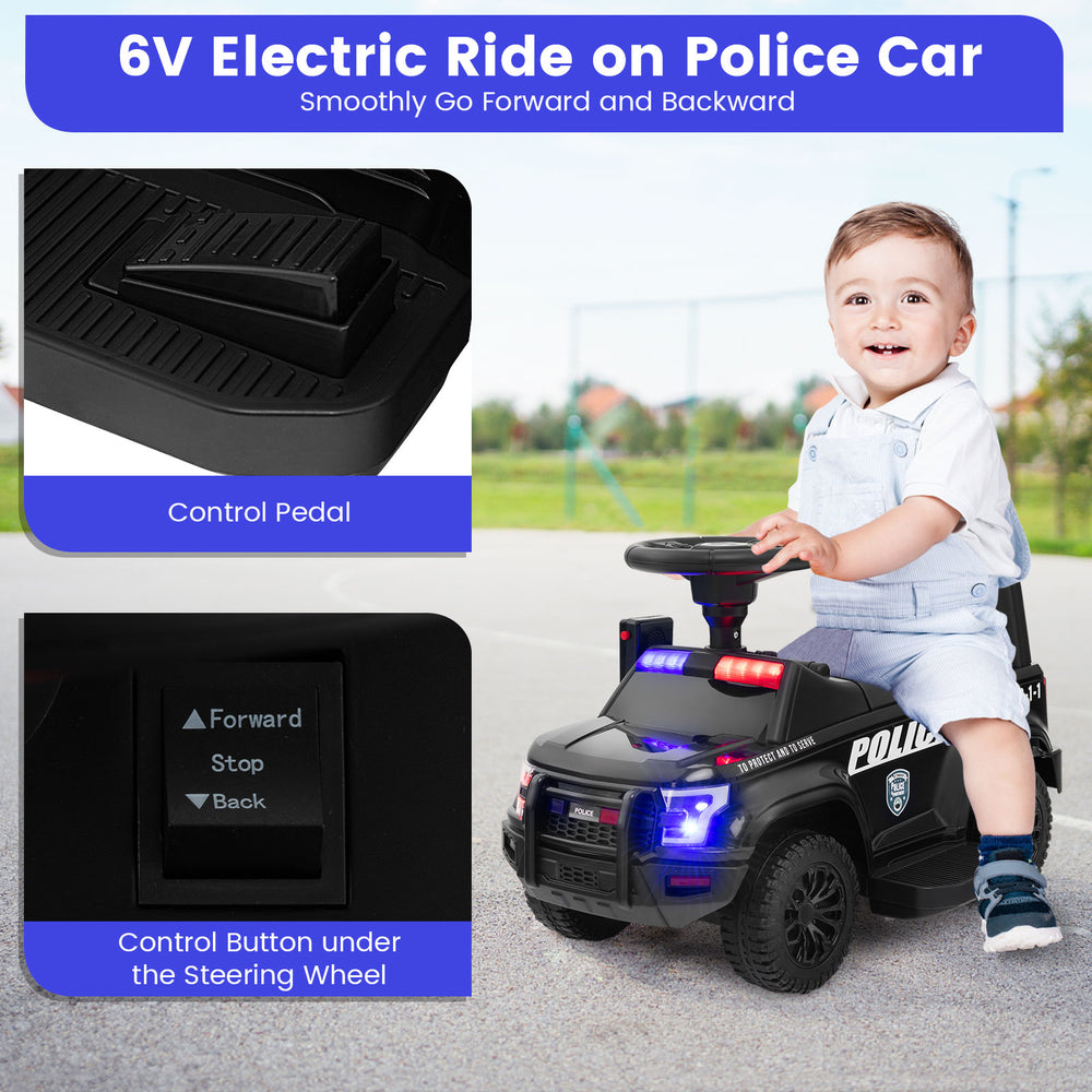 Kids ride-on police car in black with foot pedal, steering wheel, and realistic siren lights for fun outdoor play.