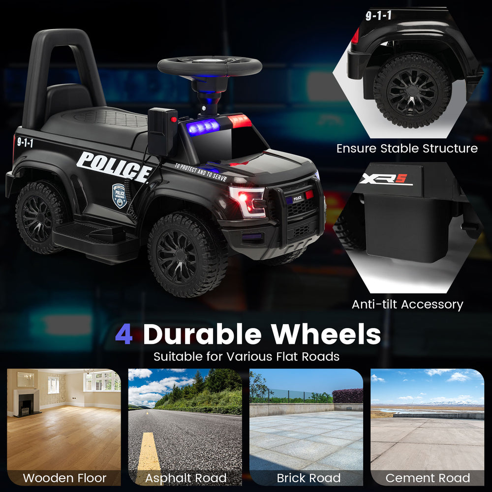 Kids ride-on police car in black with durable wheels, siren lights, and a realistic megaphone for fun outdoor play.
