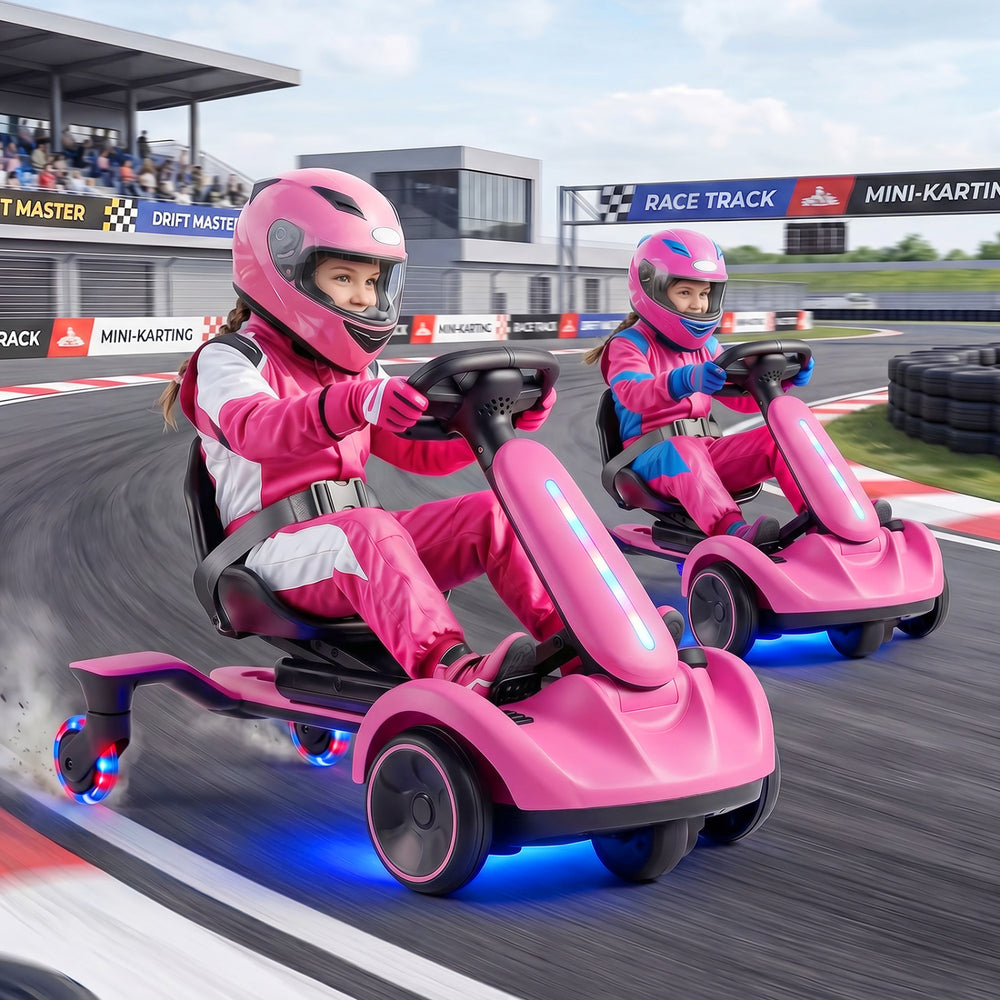 Two kids racing on a pink 6V ride-on drift car with glowing wheels, adjustable seats, and a fun race track backdrop.