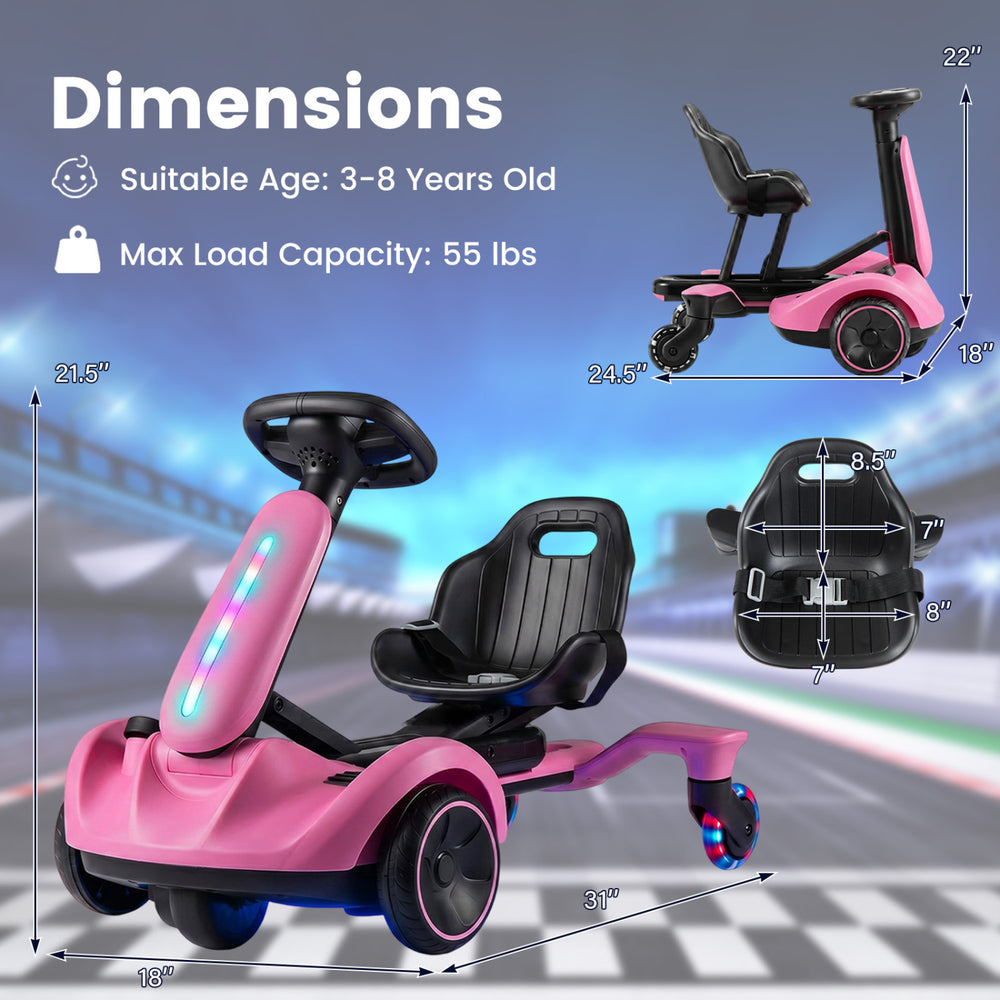Pink 6V ride-on drift car features glowing wheels, adjustable seat, and all-terrain capability for kids aged 3-8 years.