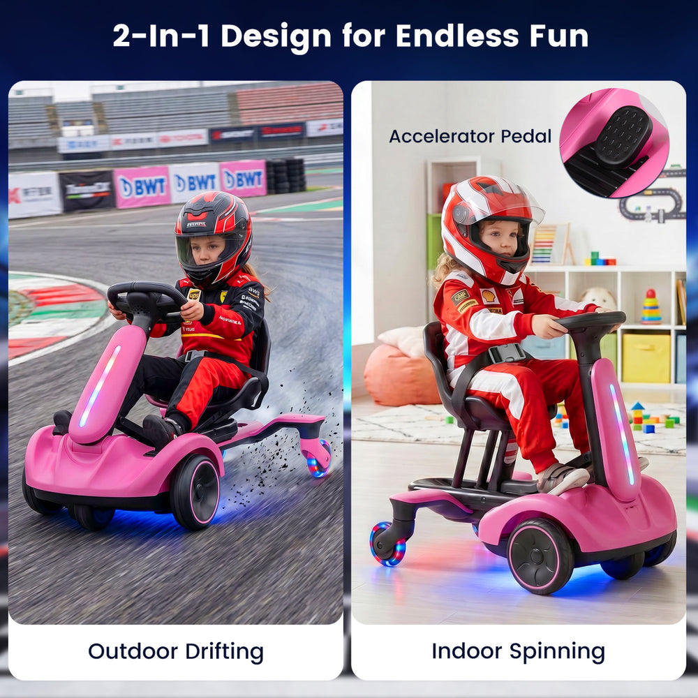 Pink 6V ride-on drift car features glowing wheels, adjustable seat, and all-terrain capability for endless fun indoors and outdoors.
