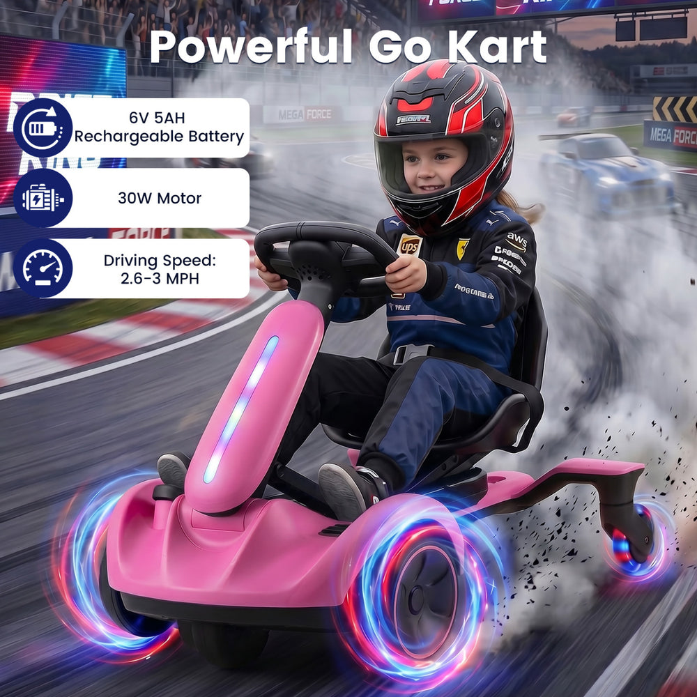 Pink 6V ride-on drift car features glowing wheels, adjustable seat, and 360° drifting for fun outdoor adventures.