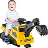 Yellow 6V ride-on tractor excavator with adjustable arms, music, and non-slip tires for kids over 1.5 years old.