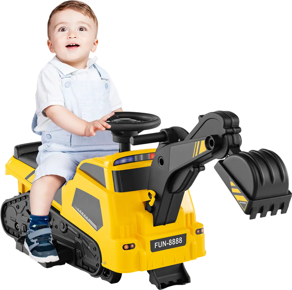 Yellow 6V ride-on tractor excavator with adjustable arms, music, and non-slip tires for kids over 1.5 years old.