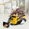 Yellow 6V ride-on tractor excavator with adjustable arms, music, and non-slip tires for kids' fun and safety.