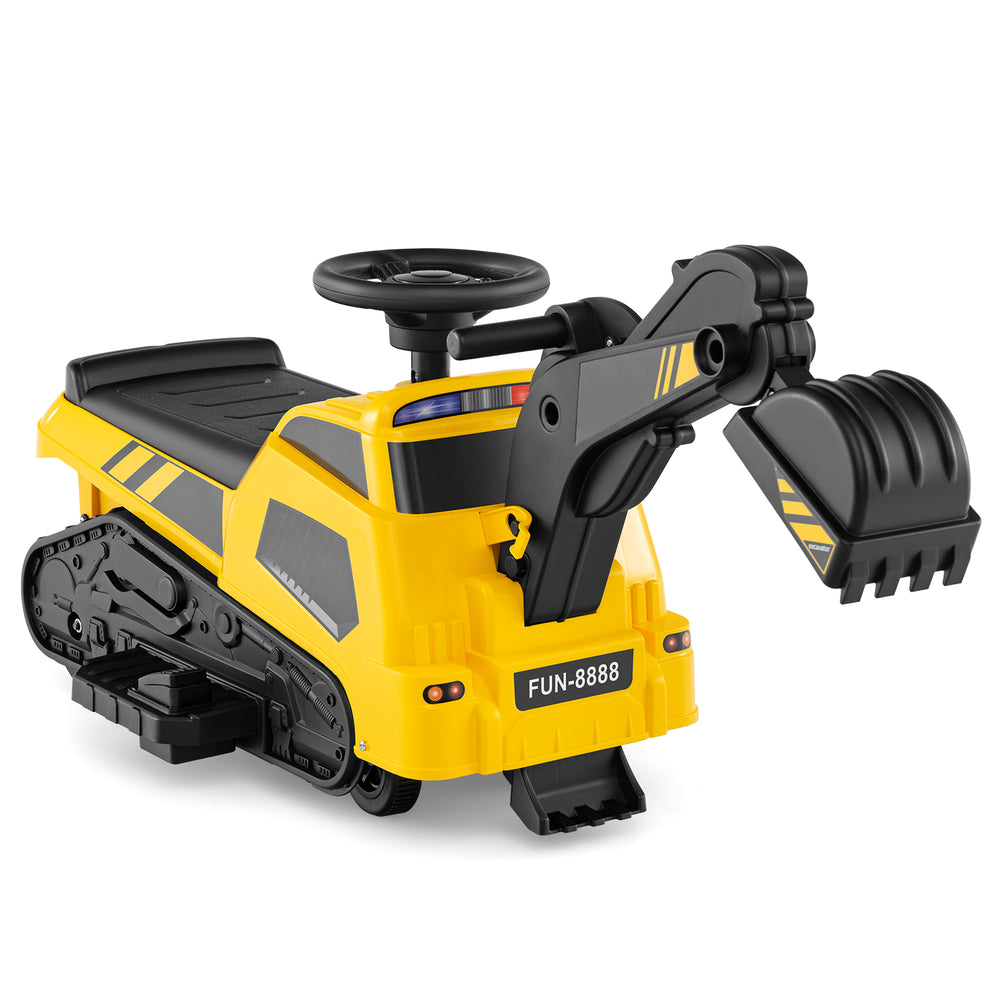 Yellow 6V ride-on tractor electric excavator with adjustable arms, steering wheel, and music for kids' fun.