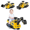 Yellow 6V ride-on tractor transforms into excavator, road roller, or bulldozer, featuring adjustable arms and music.