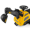 Yellow 6V ride-on tractor with adjustable excavator arm, steering wheel, and music panel for kids' fun and safety.
