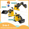 3-in-1 electric construction vehicle in yellow, featuring an excavator, road roller, and bulldozer for kids' fun.