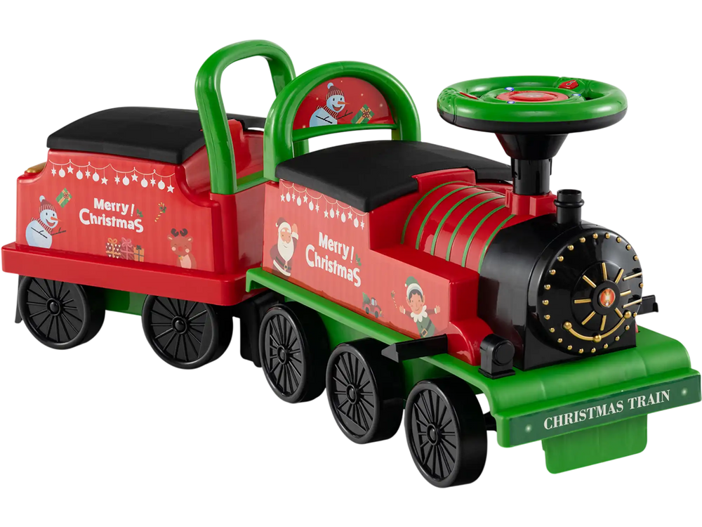 Colorful 6V ride-on train with detachable carriage, LED lights, and comfortable seating for kids' outdoor fun.