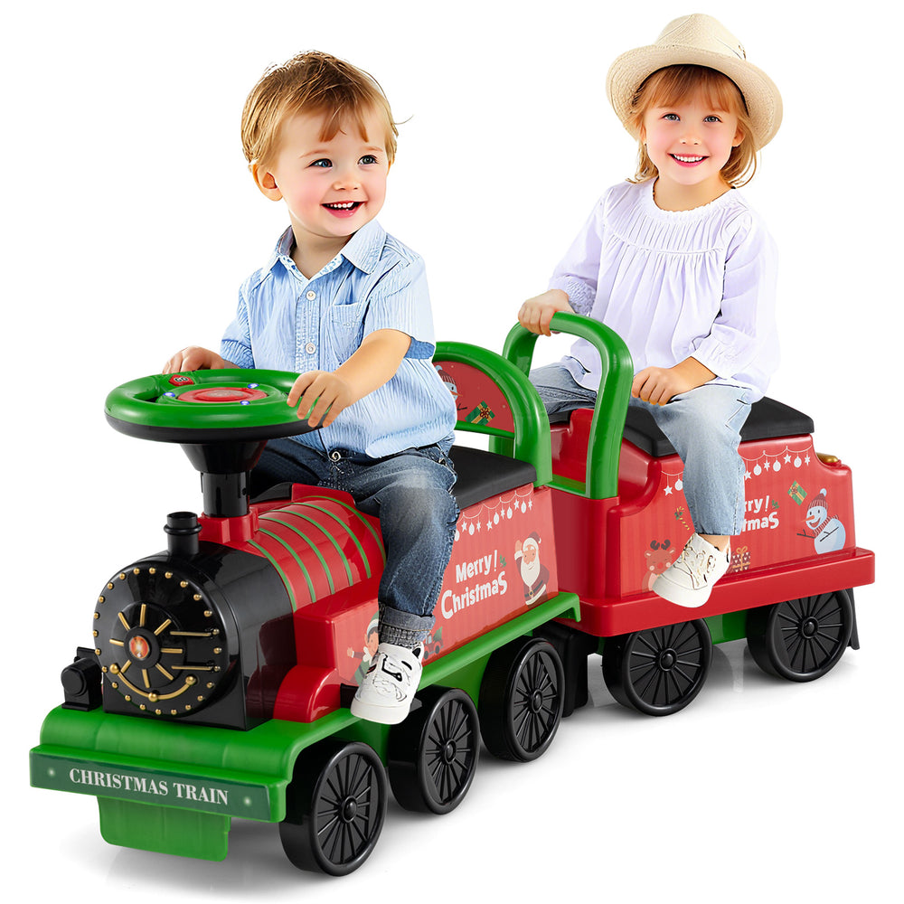 Colorful 6V ride-on train for two with detachable carriage, LED lights, and comfortable seating for kids.