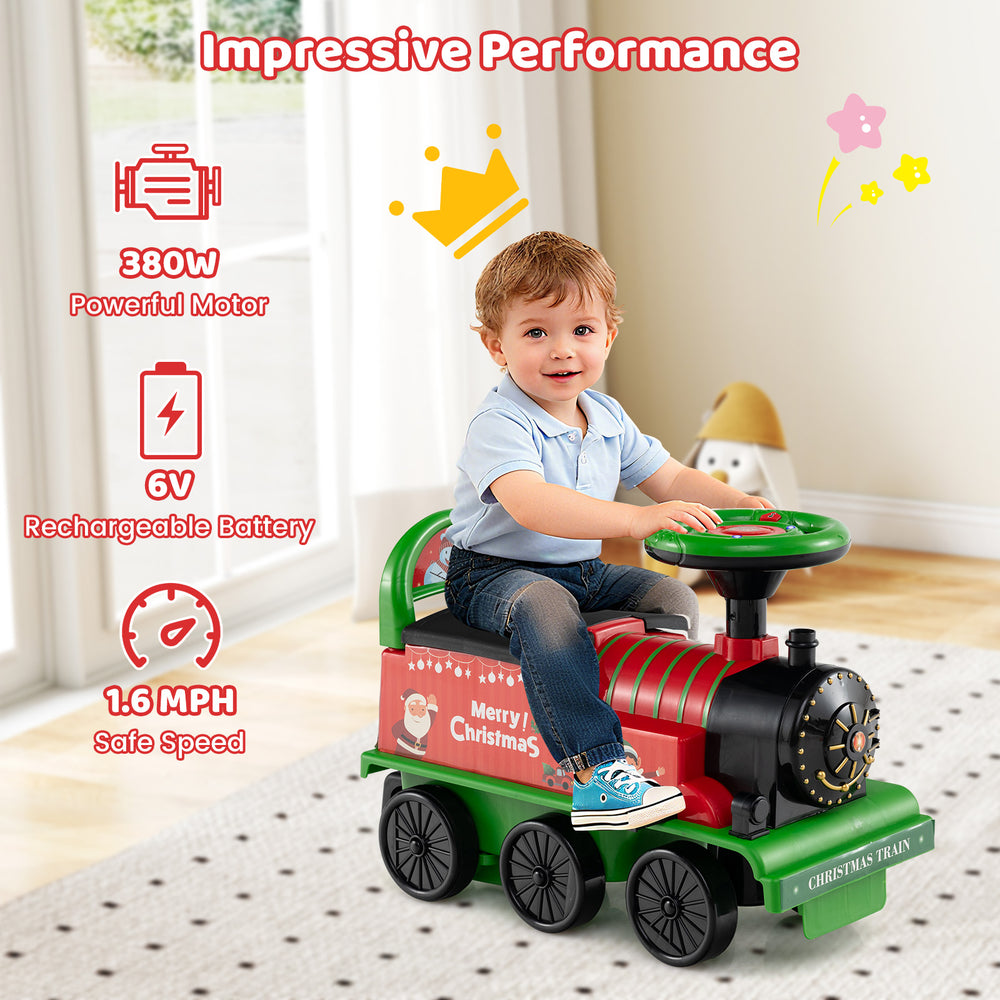 Green 6V ride-on train with detachable carriage, LED lights, and comfortable seating for safe, fun playtime.