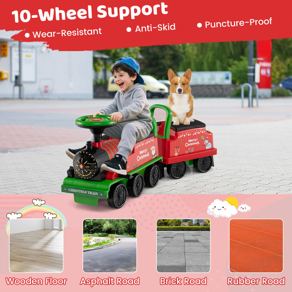 6V ride-on train with detachable carriage, colorful LED lights, and 10-wheel support for smooth rides on various.