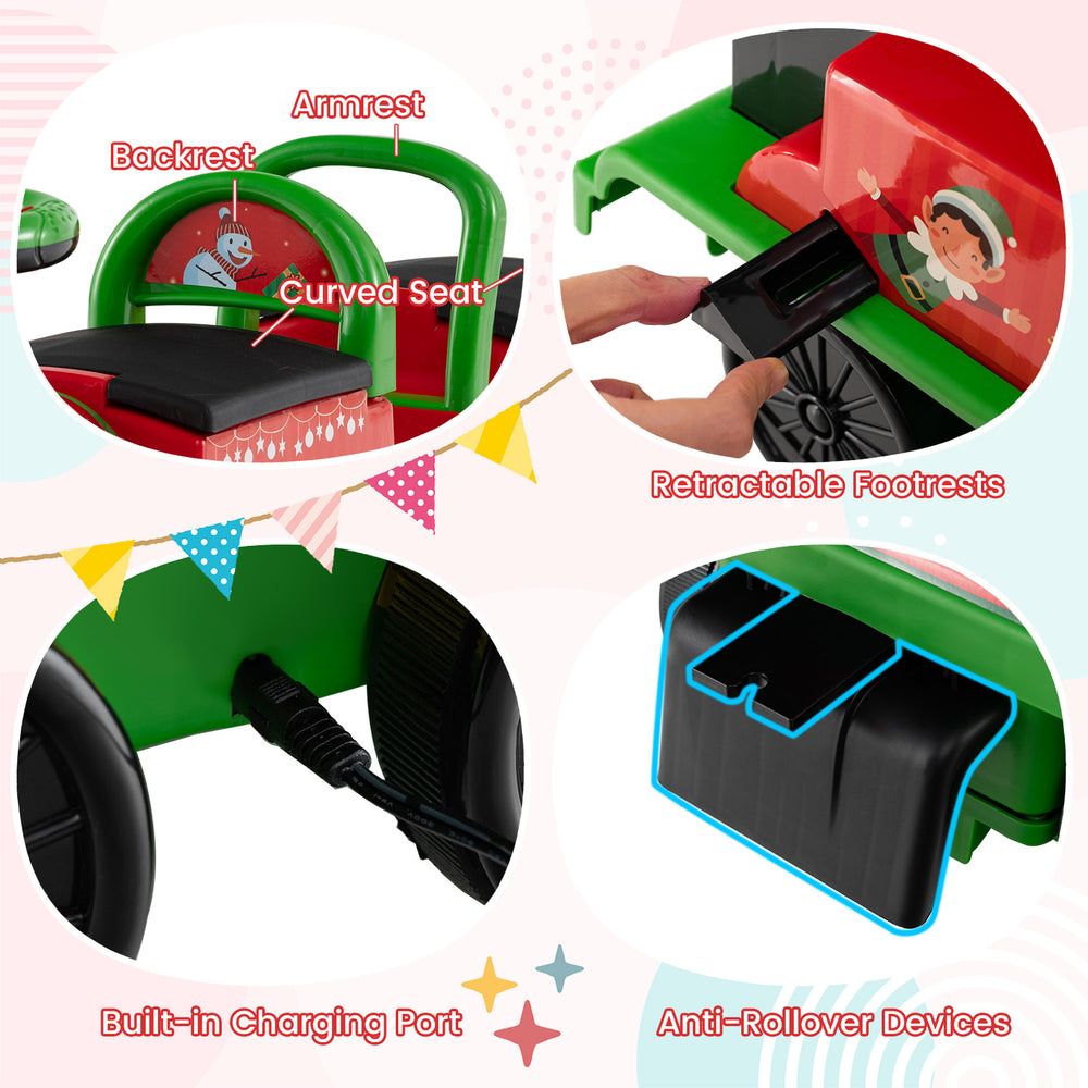 Curved seat with backrest and armrest, featuring retractable footrests on the green 6V ride-on train for comfort.