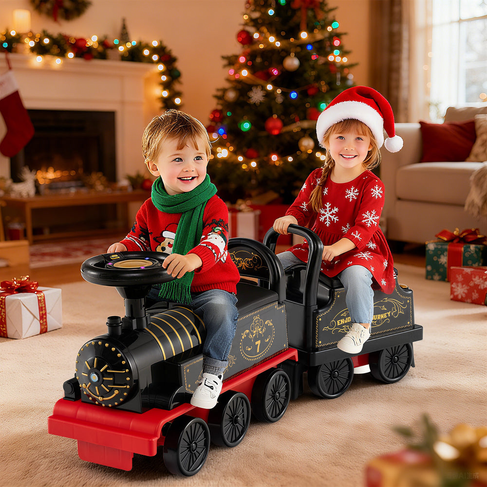 6V Ride on Train 2-Seater with Carriage and Flashing LED Lights-Black - Gallery View 1 of 14