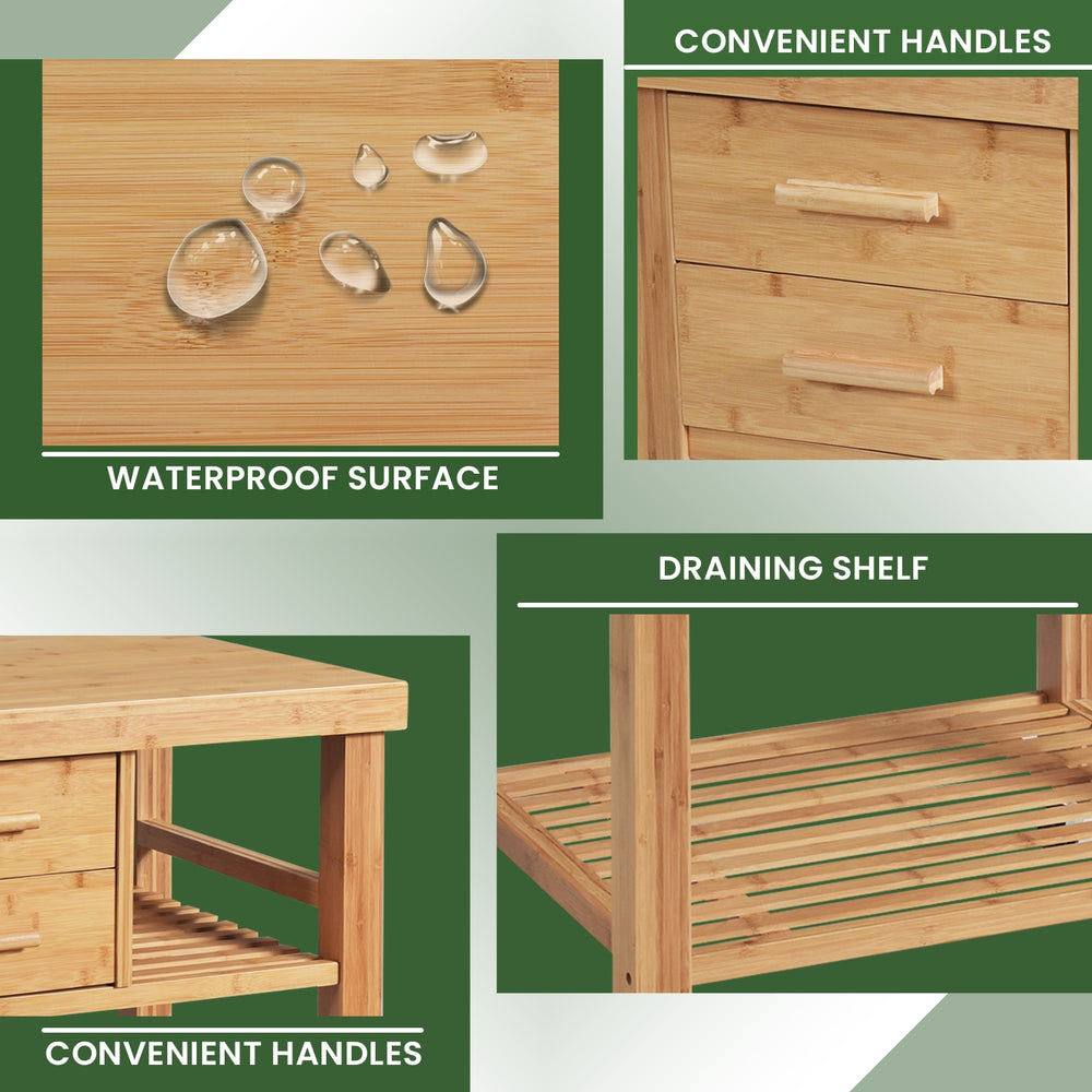 Bamboo kitchen trolley cart featuring waterproof surface, convenient handles, and a draining shelf for versatile.