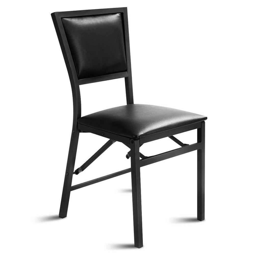 Black metal folding dining chair with PU leather upholstery, ergonomic design, and compact storage for versatile use.
