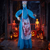 Life-size Halloween animatronic zombie nurse with glowing eyes, bloody apron, and sound-activated animation for spooky displays.