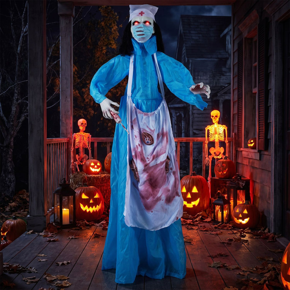 Life-size Halloween animatronic zombie nurse with glowing eyes, bloody apron, and sound-activated animation for spooky displays.