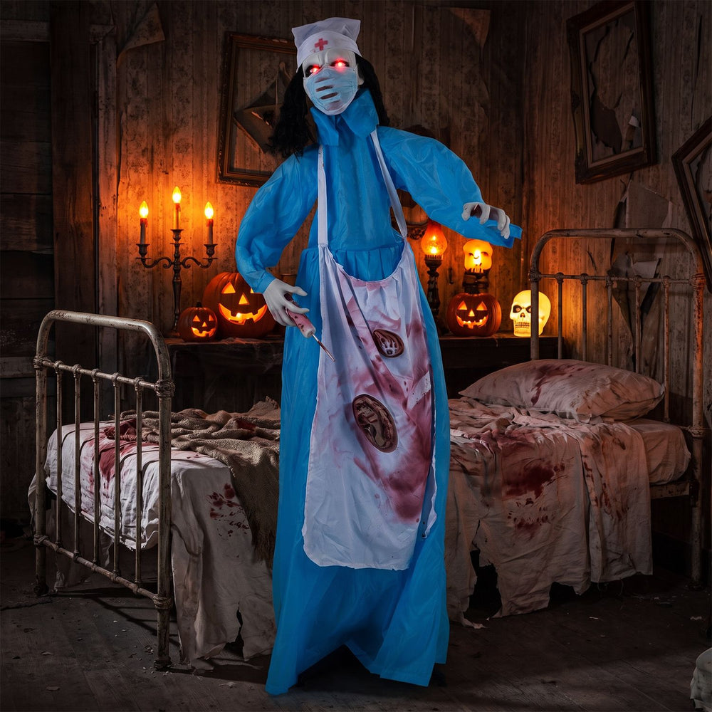 Life-size Halloween standing animatronic zombie nurse with glowing red eyes, bloody apron, and animated swaying motion.