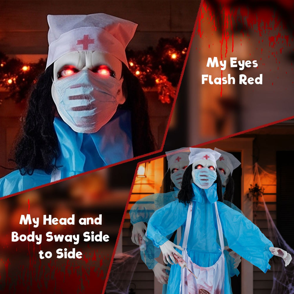 Halloween standing animatronic zombie nurse with glowing eyes, swaying body, and spooky costume for a terrifying display.