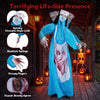 Life-size Halloween animatronic zombie nurse features glowing eyes, realistic syringe, and creepy fingers for a spooky display.