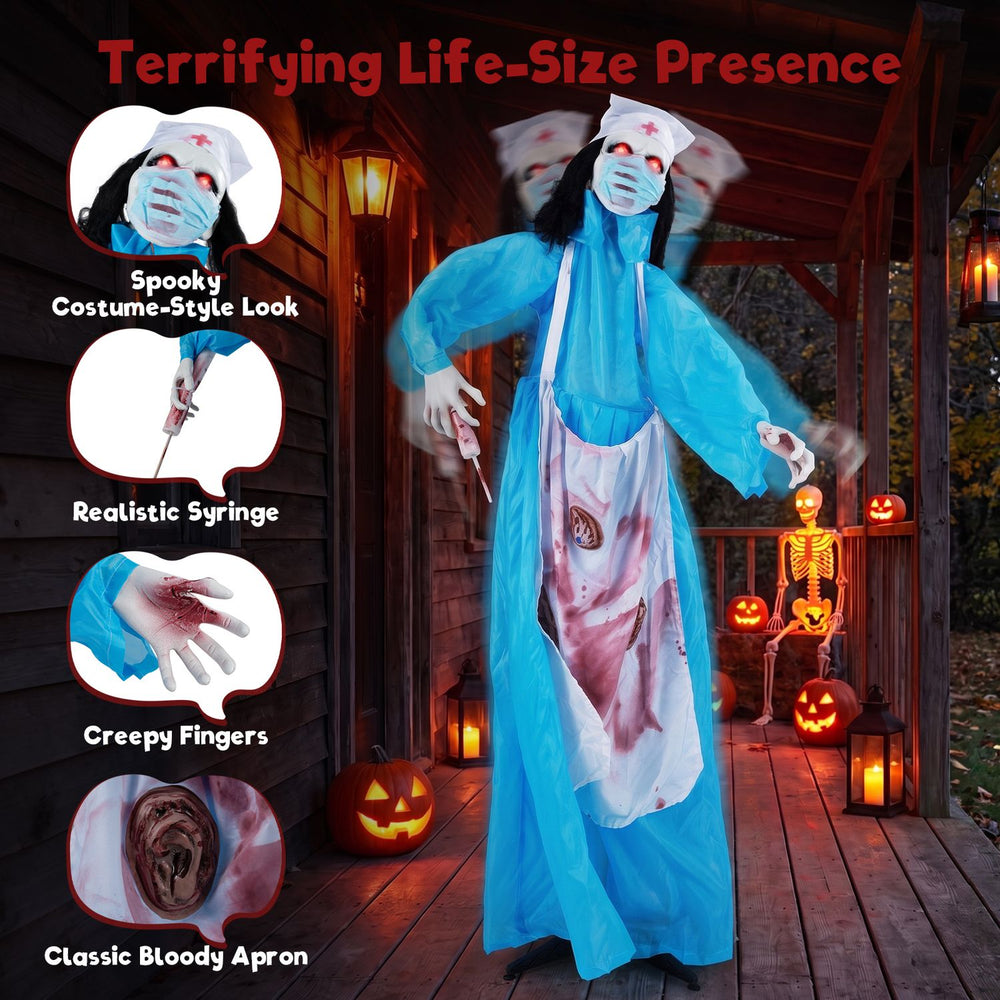 Life-size Halloween animatronic zombie nurse features glowing eyes, realistic syringe, and creepy fingers for a spooky display.
