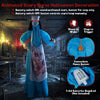 Life-size animated zombie nurse with glowing red eyes, bloody apron, and sound activation for a spooky Halloween display.