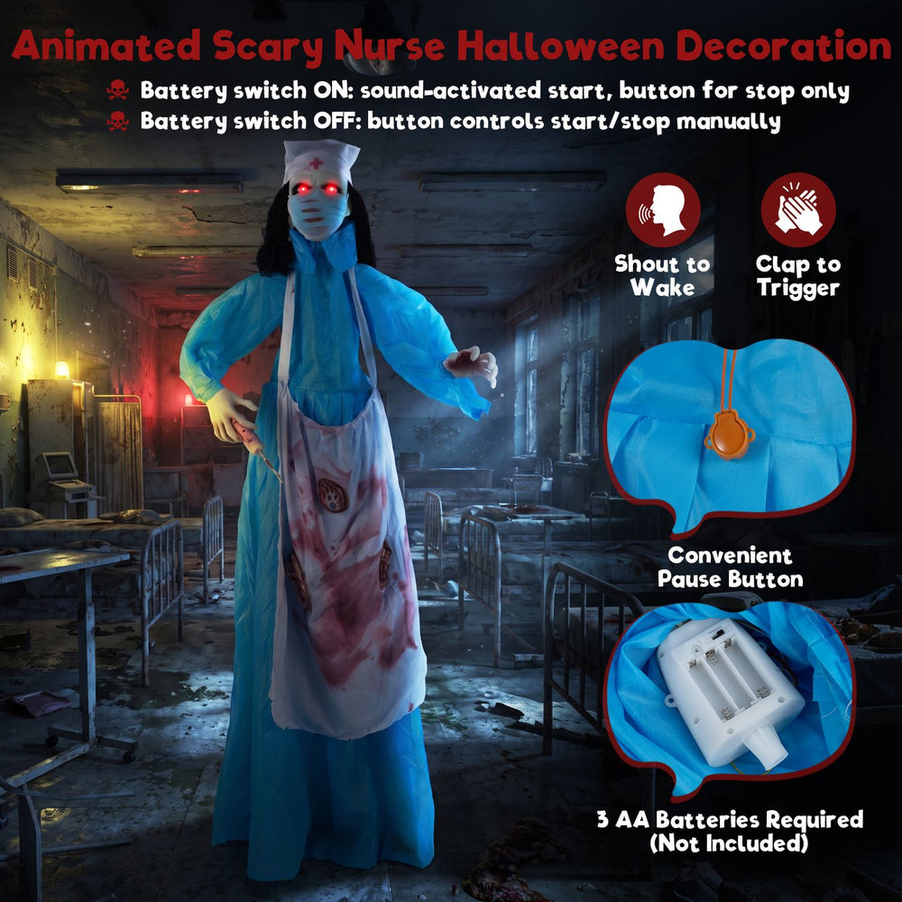 Life-size animated zombie nurse with glowing red eyes, bloody apron, and sound activation for a spooky Halloween display.