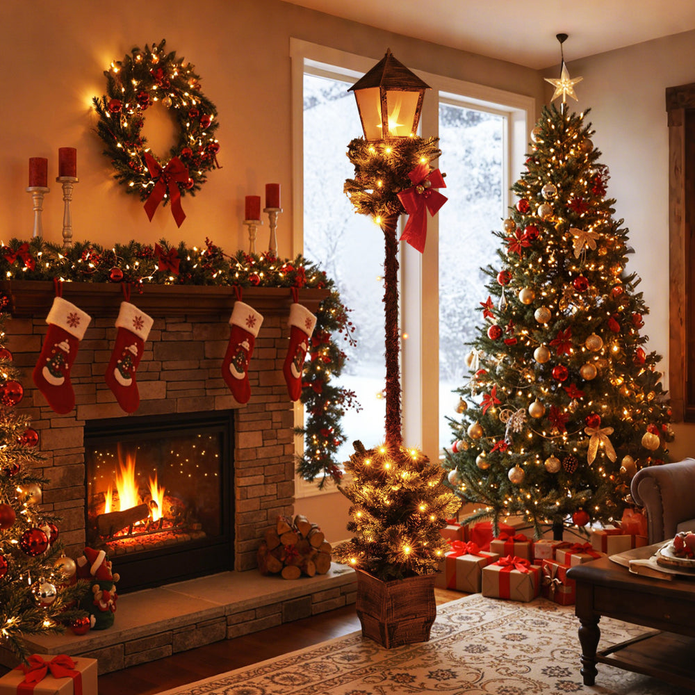 6.1 Feet Christmas Pre-lit Street Lamp with Artificial Greenery and Snow-flocked Branch Tips-Yellow - Gallery View 1 of 10