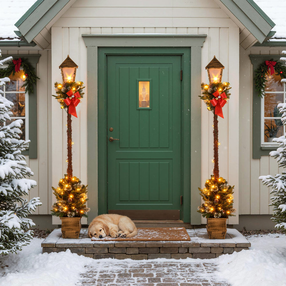 6.1 Feet Christmas Pre-lit Street Lamp Set of 2 with Artificial Greenery and Snow-flocked Branch Tips-Yellow - Gallery View 1 of 7