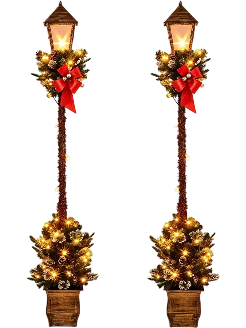 Christmas pre-lit street lamp set of 2, featuring artificial greenery, snow-flocked tips, and festive LED lights for decoration.