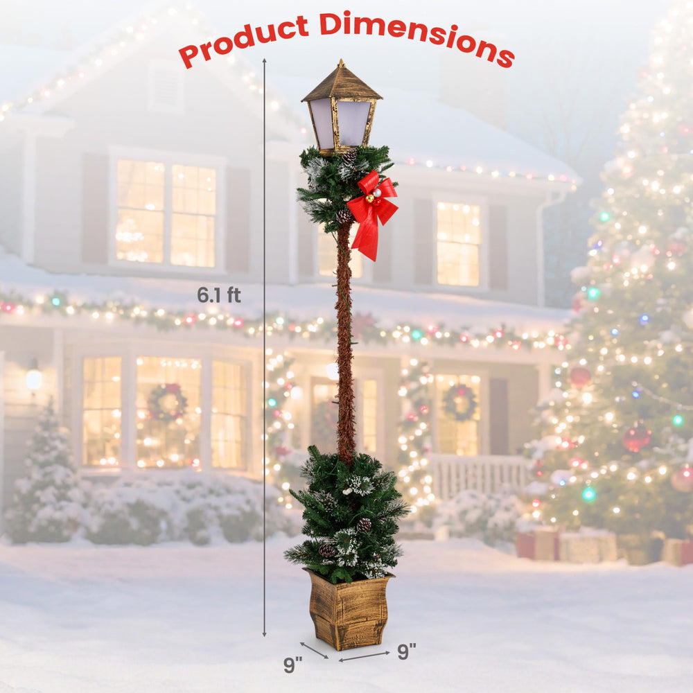 6.1 feet Christmas pre-lit street lamp with artificial greenery, snow-flocked tips, and festive red bow for outdoor decoration.