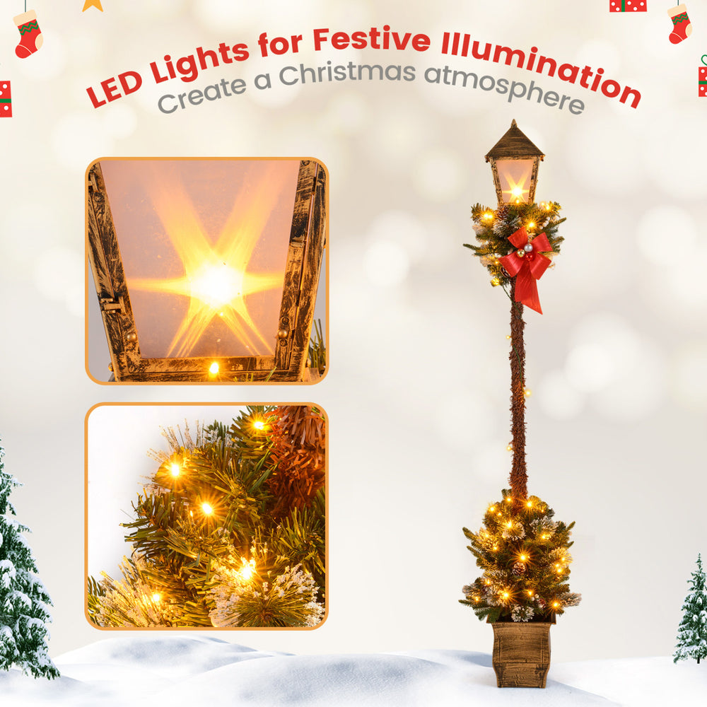 6.1 feet Christmas pre-lit street lamp set with artificial greenery, snow-flocked tips, and LED lights for festive decoration.