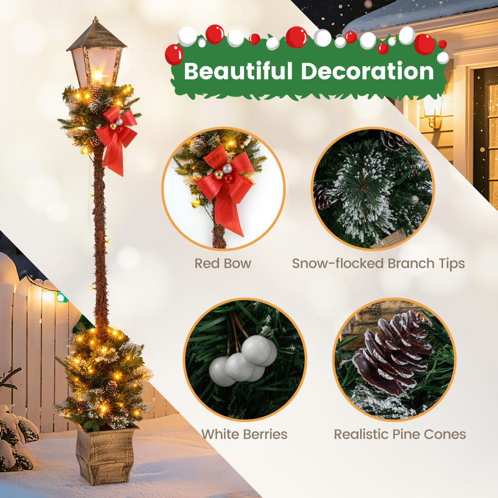 6.1 feet pre-lit Christmas street lamp with snow-flocked branch tips, red bow, and white berries for festive decoration.