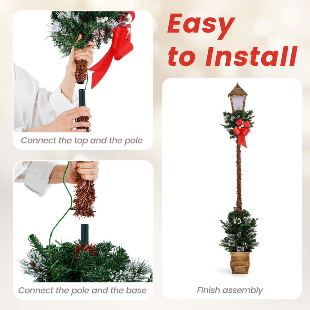 6.1 feet Christmas pre-lit street lamp set with artificial greenery, snow-flocked tips, and festive red bow for easy installation.