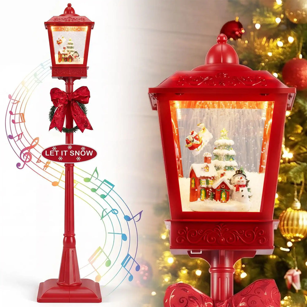 Red 6.1 ft musical Christmas streetlight with LED lights, featuring snowflakes, Santa scene, and festive decorations for holiday cheer.