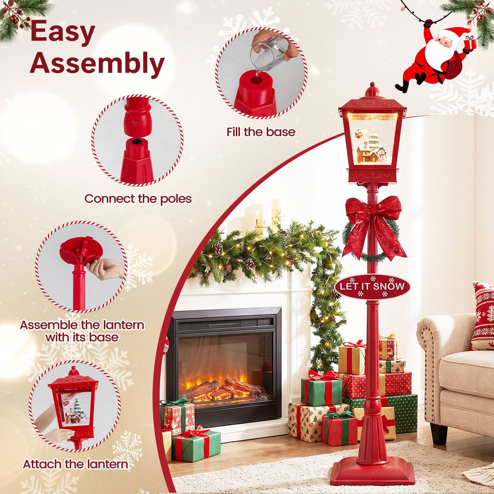 6.1 ft red musical Christmas streetlight with LED lights, featuring a Santa scene and snowflakes for festive decoration.