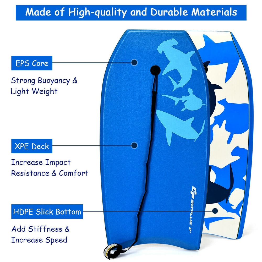 Lightweight blue bodyboard with EPS core, XPE deck, and HDPE slick bottom, ideal for surfing and water sports.