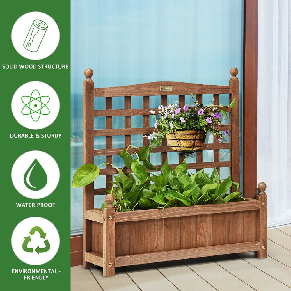 Wood planter box with trellis made of solid wood, weather-resistant design for outdoor use, ideal for gardens and.