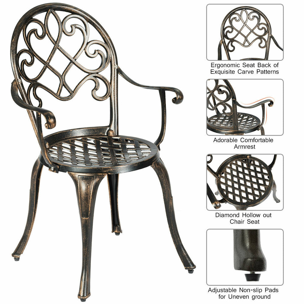 Antique bronze bistro chair with ergonomic back and armrests, perfect for outdoor patios and gardens.