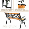Patio park garden bench with a sturdy cast iron frame, solid wood slats, and a comfortable PVC backrest design.