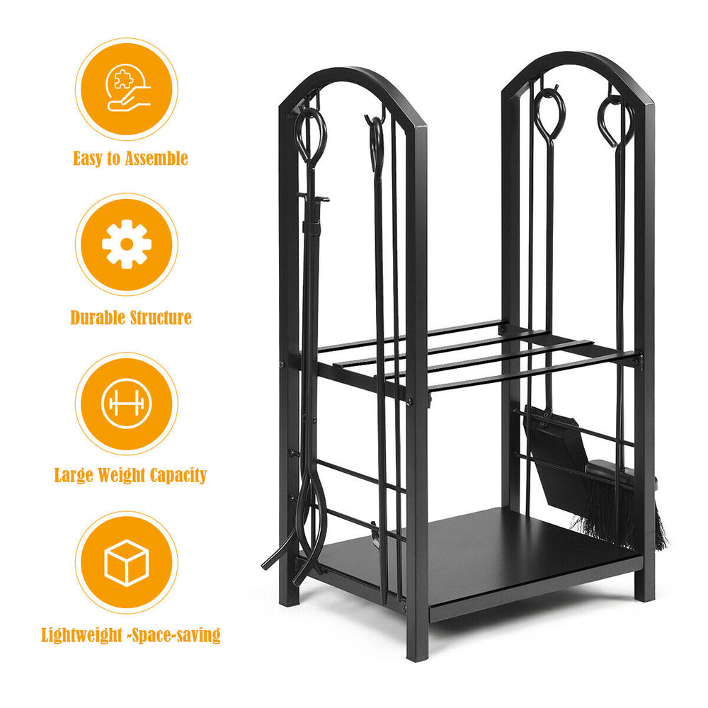 Fireplace log rack with 4 wrought iron tools, durable design for indoor/outdoor use, keeps firewood organized and dry.