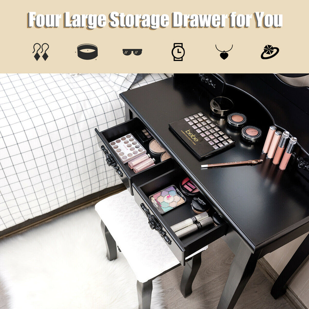 Makeup dressing table with four large storage drawers, touch switch lighted mirror, and cushioned stool in black.
