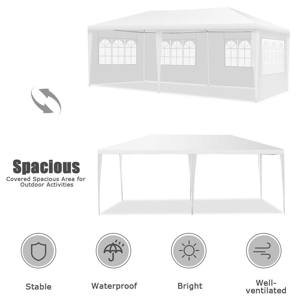 Spacious 10 x 20 feet outdoor party canopy tent with removable walls, waterproof PE fabric, and portable carry bag.