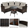 L-shaped outdoor wicker sofa set with soft cushions and a glass-top coffee table, perfect for patio relaxation.