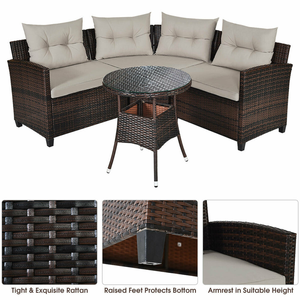 L-shaped outdoor wicker sofa set with soft cushions and a glass-top coffee table, perfect for patio relaxation.