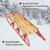 54-inch kids wooden snow sled with metal runners, steering bar, and double knee construction for stability and control.