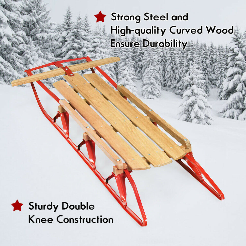 54-inch kids wooden snow sled with metal runners, steering bar, and double knee construction for stability and control.