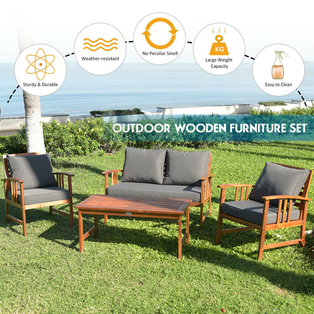 4-piece wooden patio furniture set with cushioned chairs and table, perfect for outdoor or indoor relaxation.